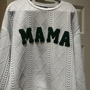 SHEIN White Cable Knit Sweater with Green Lettering